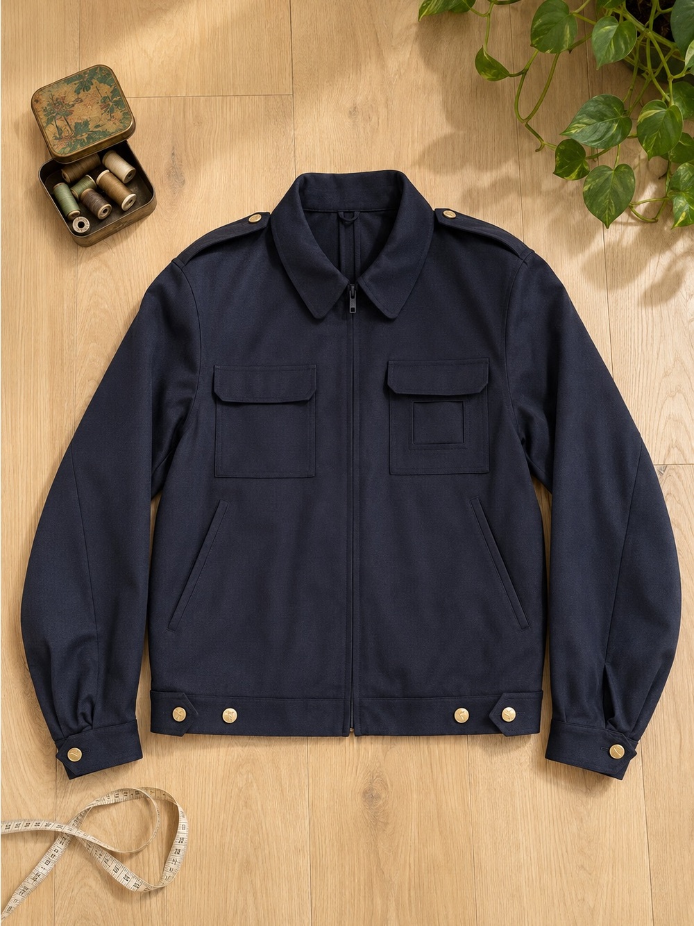 Deadstock Italian Navy Wool Cropped
Chore Jacket Gold Hardware